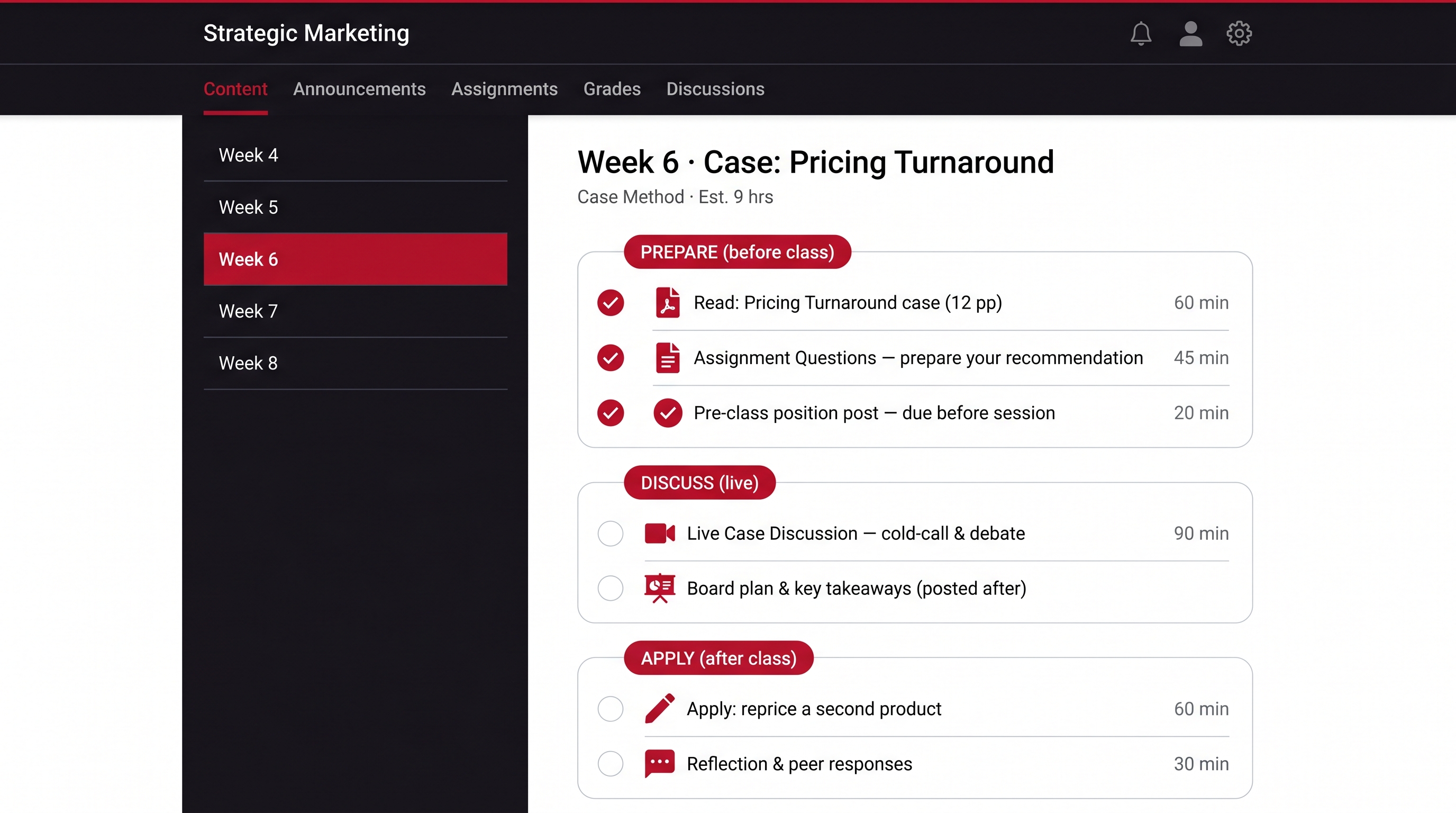 Illustrative Brightspace course Content view of a case-method module titled Week 6 Case Pricing Turnaround, showing items grouped under three phase headings: Prepare before class with case reading, assignment questions and a pre-class position post; Discuss live with a live case discussion and board plan; and Apply after class with an application task and reflection