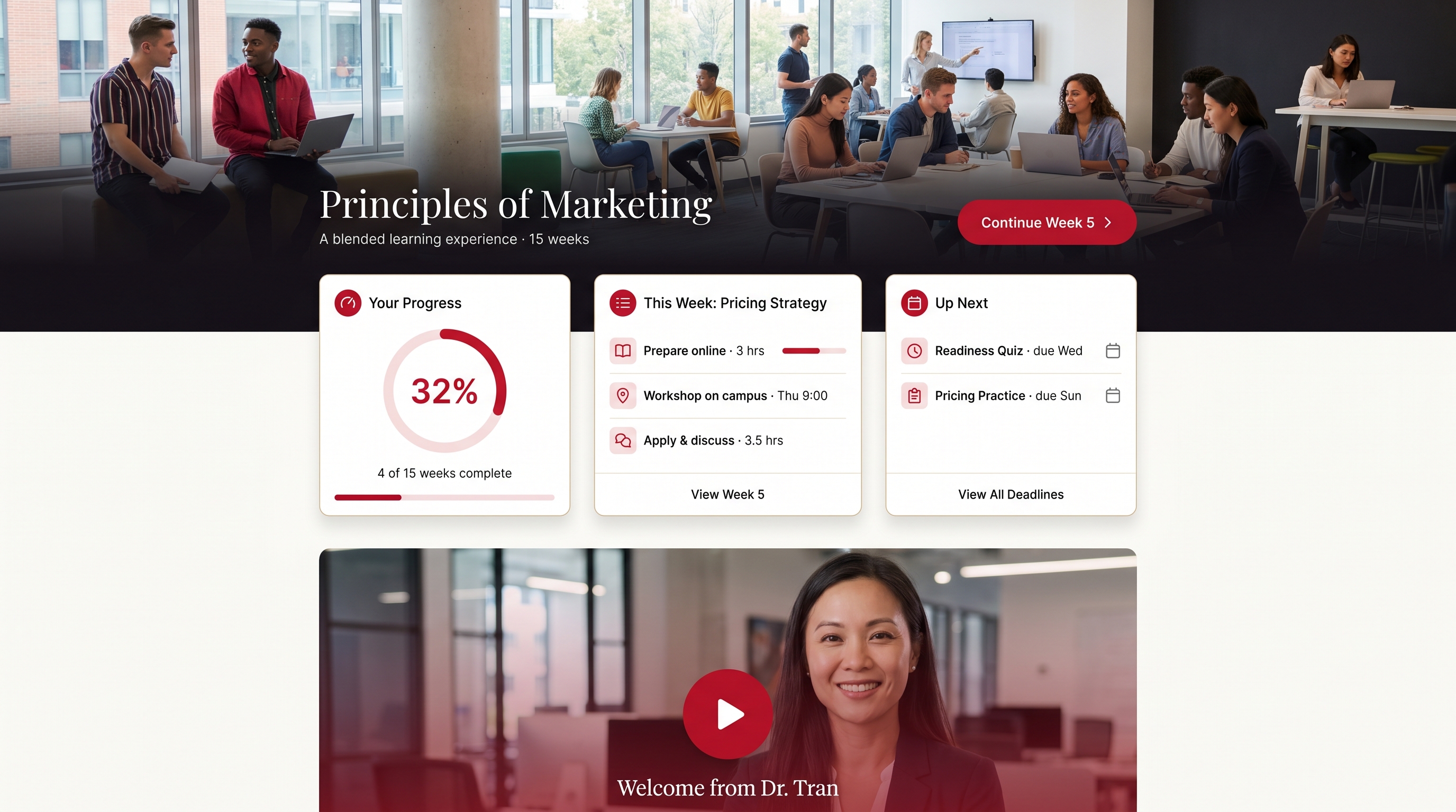 Illustrative course home page showing a hero banner, a progress ring, a This Week card listing prepare-online, on-campus workshop, and apply-and-discuss activities, an Up Next deadlines card, and an instructor welcome video
