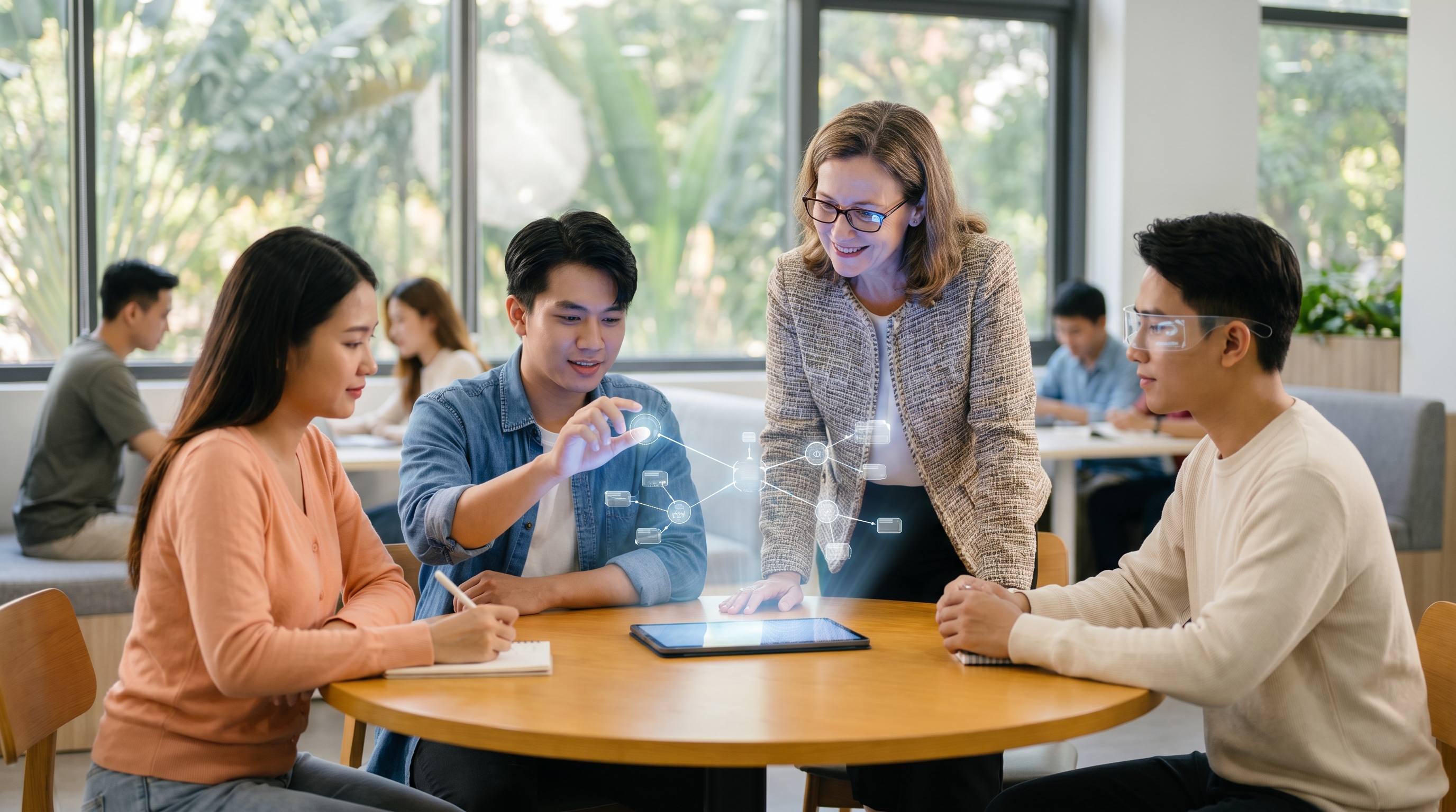 Faculty and students collaborating around immersive learning technology