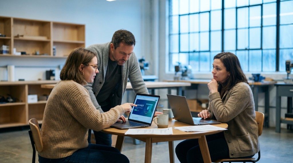 Educators collaborating around a laptop showing an AI co-pilot tool