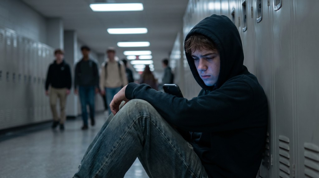 Student in a school hallway absorbed in a smartphone while peers pass in the background